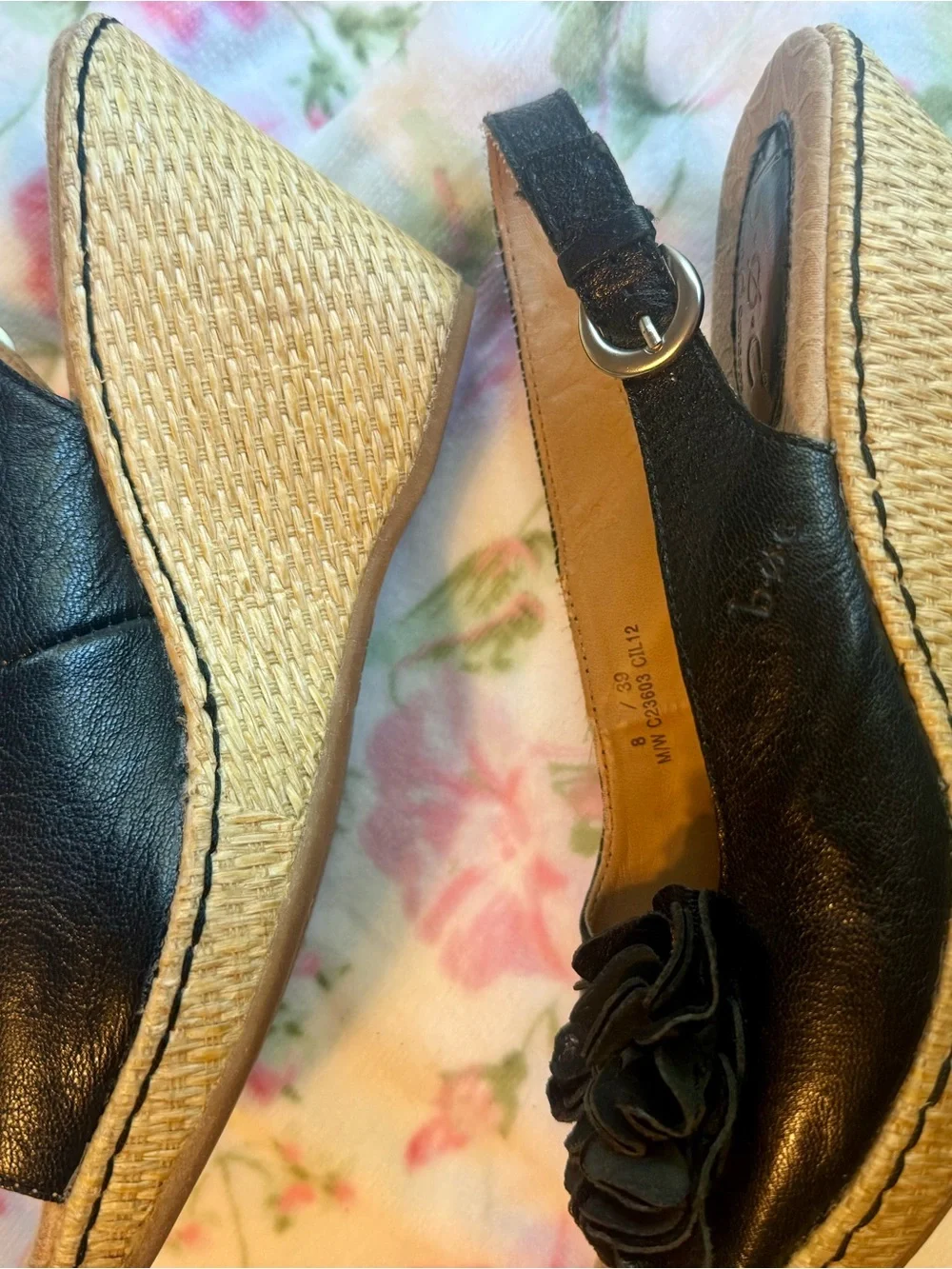 b.o.c. Black Floral Accent Wedge Sandals